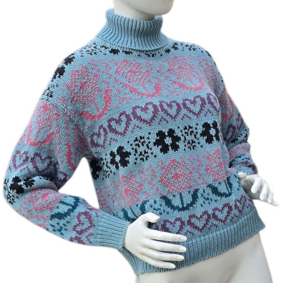 Vintage 80's  90's PARIS SPORTS CLUB Heart Pattern Turtleneck Sweater sz S - Picture 3 of 5